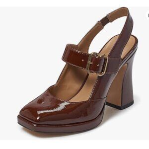 FYS Chocolate Platform Square Toe Pumps Block High Heel Mary Jane Slingback Shoe